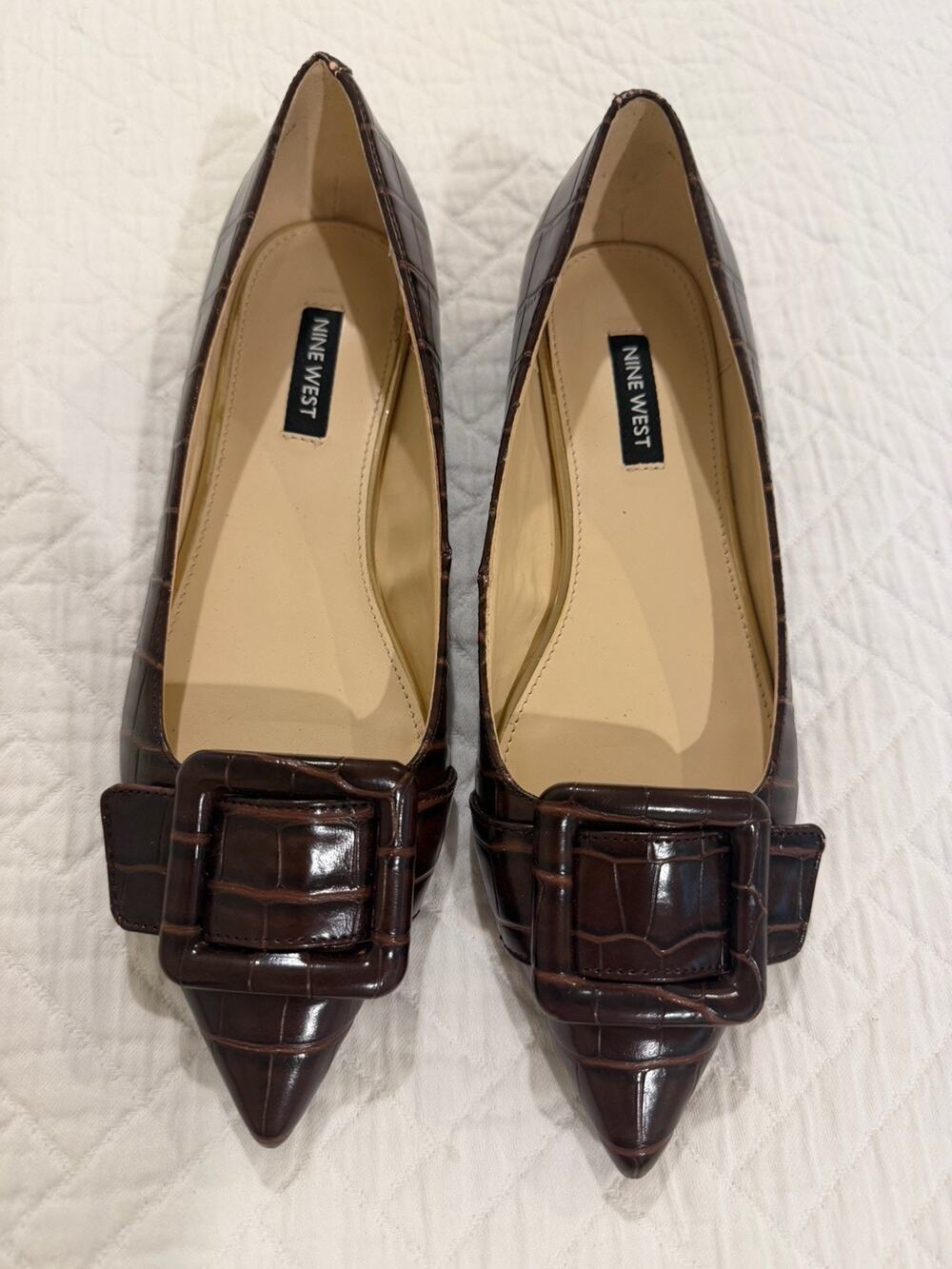 Nine West Jesike Slip-on Pointy Toe Dress Flats 7M Brown Croc Buckle Classic NEW